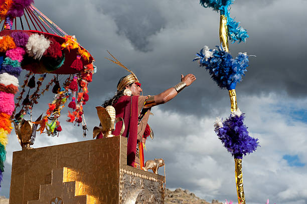 İnca King and the Clouds "Cusco, Peru - June 24, 2012: Inca King is participating the Inti Raymi Celebrations on 24 July 2012 at Sacsahuaman Castle Cusco, Peru" inti raymi stock pictures, royalty-free photos & images