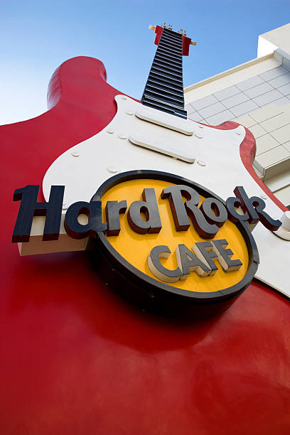 Cancun, Mexico — August 26, 2011: Looking Up at the Red, Yellow and White Hard Rock Cafe Electric Guitar. Located on Cancun Boulevard at the \\\