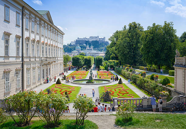 xxxl panorama-jardim mirabell - statue architecture sculpture formal garden - fotografias e filmes do acervo