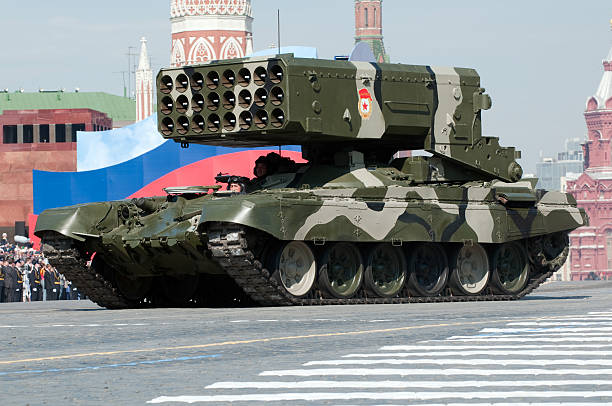 Heavy Flame Thrower System TOS-1 march along the Red Square stock photo