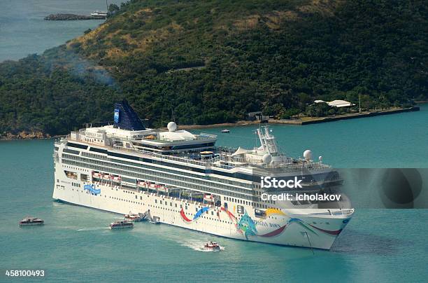 Cruise Ship Visiting Island Stock Photo - Download Image Now - Aerial View, Anchored, Bay of Water