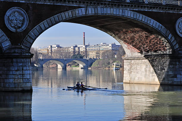 Rowing on the river Po, Turin, Italy. stock photo