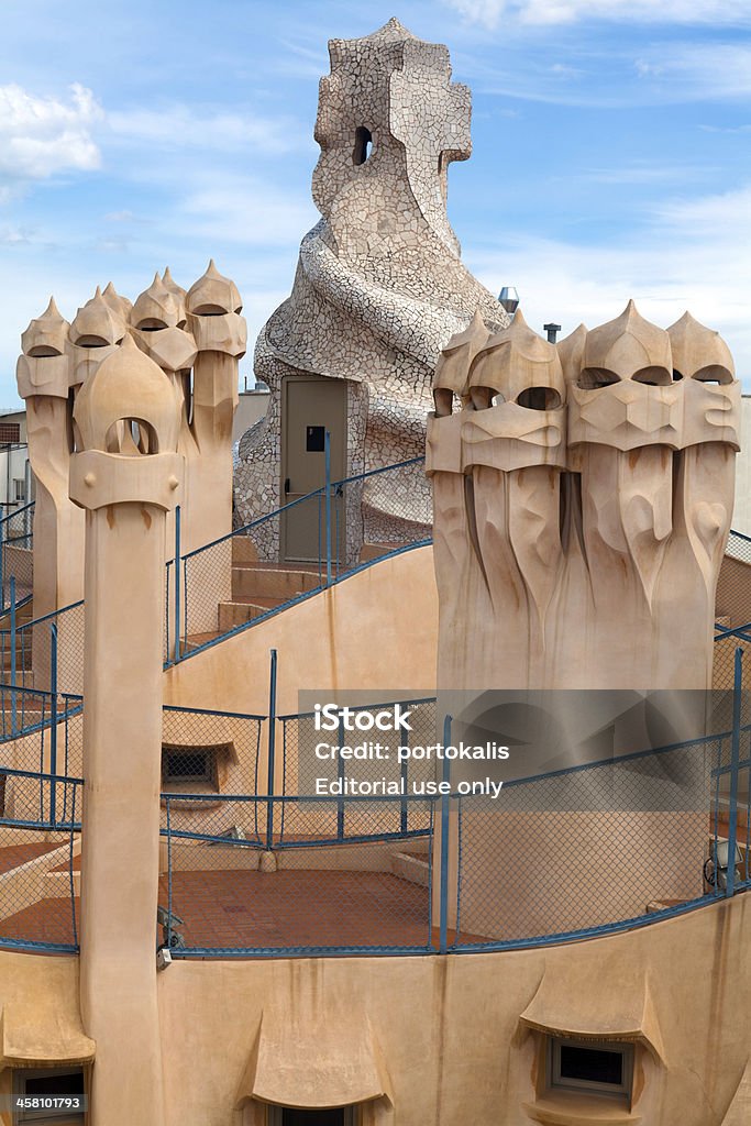 Antoni Gaudi's work at the roof of Casa Mila "Barcelona, Spain - April 14, 2012: Antoni Gaudi's work at the roof of Casa Mila on Apr 14, 2012 in Barcelona, Spain. Popularly known as La Pedrera, this modernist house was built between 1906 and 1910." Abstract Stock Photo