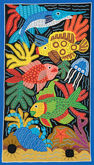 Sunnyvale, California, USA - January 9, 2011: Mola in applique and embroidery. Made by female members of the Kuna Indians, San Blas Archipelago, Panama. Private collection. Purchased 2007.
