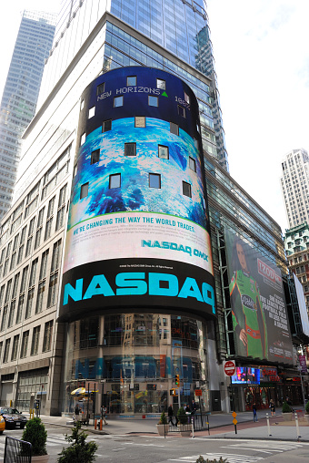 New York, New York - April 18, 2010: The exterior LCD billboard of the NASDAQ MarketSite, the largest electronic screen-based equity securities trading market in the United States, located in the Condé Nast Building at 4 Times Square.
