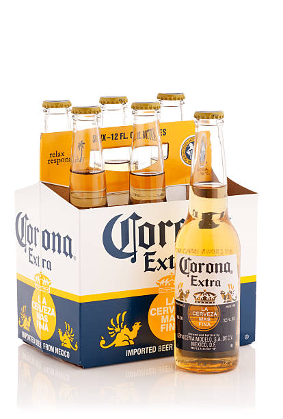 Six pack of Corona Extra Beer, 12 oz bottles stock photo