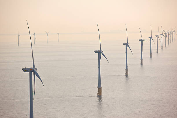 Aerial view of offshore wind turbines stock photo