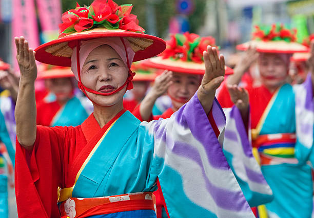 Japanese women in  kimono dance  during  Taniyama Furusato Matsuri stock photo