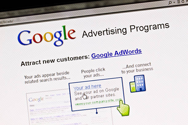 Screen displays Google advertising program "Ostersund, Sweden - August 14, 2011: Close up of Google\'s Advertising Program\'s website on a computer screen." cursor photos stock pictures, royalty-free photos & images