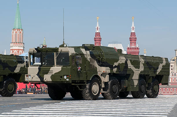 Iskander missile system march along the Red Square stock photo