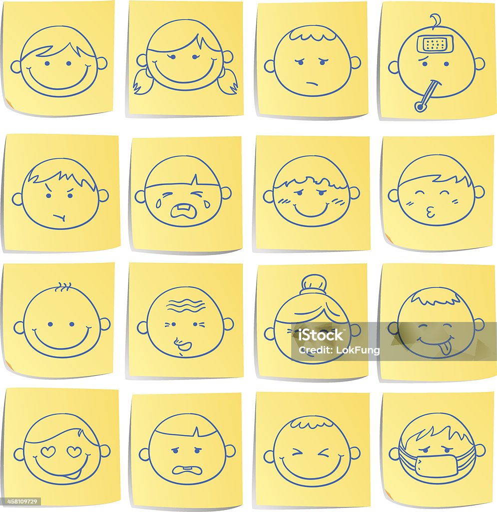 Doodle memo икона set-Выражение лица - Векторная графика Лицо человека роялти-фри