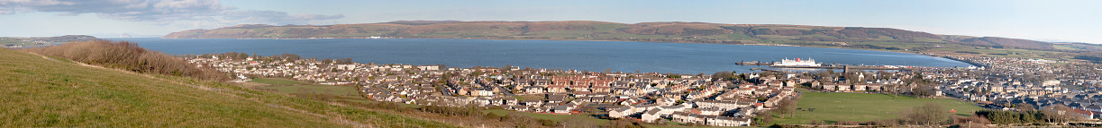 Stranraer, Scotland, UK - November 27, 2010: Panoramic view over Stranraer, Loch Ryan and up the Ayrshire Coast. Photographed from the top of Gallow Hill.