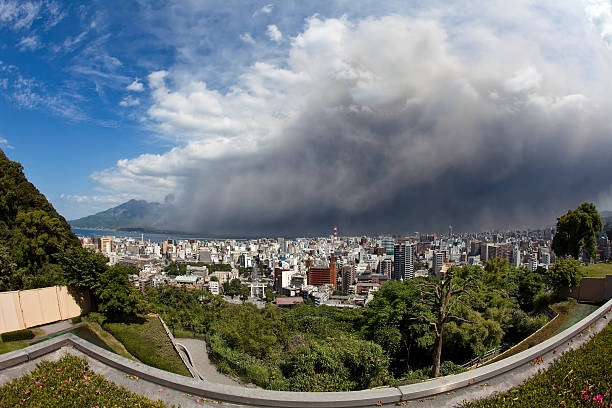 Winds bring volcanic ash to Kagoshima City after Sakurajima eruption stock photo