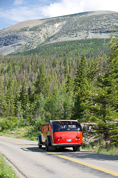 vermelho jammer autocarro condução fora - us glacier national park montana bus park imagens e fotografias de stock