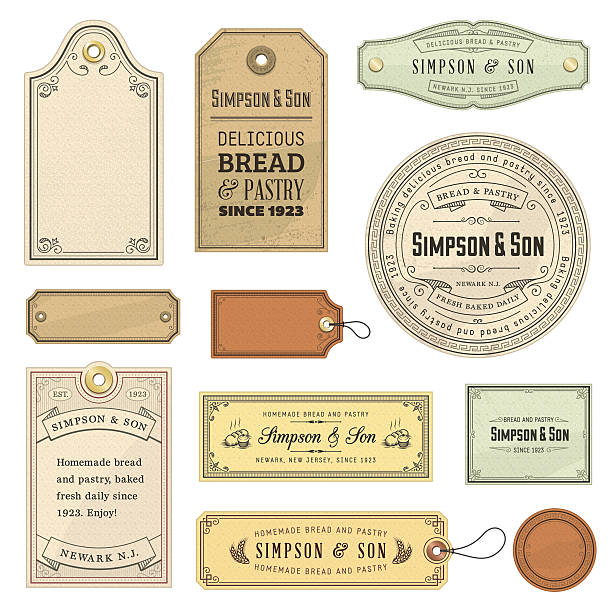 Vector illustration of vintage labels The dark fields on some of the labels are solid black fills with transparency. Some of the eyelets use gradients. All other objects are solid fills. File format is EPS10. vintage stock illustrations