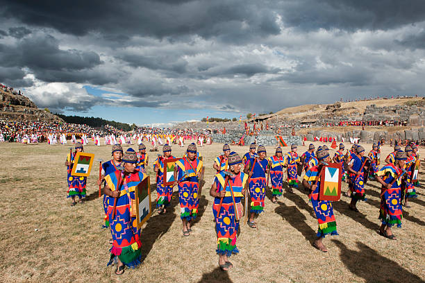 Inti Raymi at Cusco "Cusco, Peru - June 24, 2012: Inca King is participating the Inti Raymi Celebrations on 24 July 2012 at Sacsahuaman Castle Cusco, Peru" inti raymi stock pictures, royalty-free photos & images