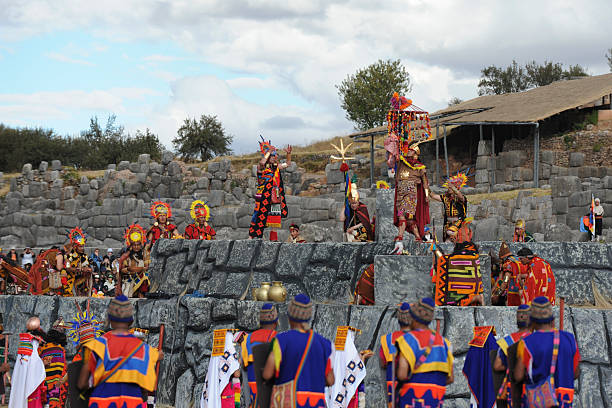 Inca Festival Inti Raymi "Cusco, Peru - June 24, 2012: Inca King is participating the Inti Raymi Celebrations on 24 June 2012 at Sacsahuaman Castle Cusco, Peru" inti raymi stock pictures, royalty-free photos & images