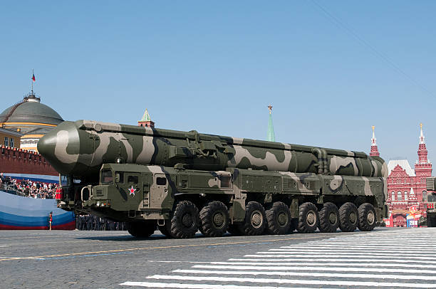 Mobile nuclear intercontinental ballistic missile &#171;Topol-M&#187; on Red Square stock photo