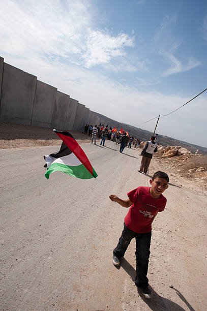 Palestinian Nonviolent Activism "Al-Walaja, Occupied Palestinian Territories - November 13, 2010: A boy waving a Palestinian flag marches in a nonviolent protest against the Israeli separation barrier which threatens to encircle the West Bank town of Al-Walaja." apartheid sign stock pictures, royalty-free photos & images