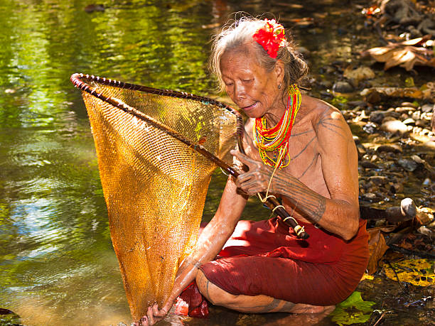 Fishing woman "Siberut, Indonesia - May 30, 2009: Mentawaian woman traditionally decorated with tattoos is holding fishing net and with other hand cheking for fish in net. In background is water from small river." Mentawai Islands stock pictures, royalty-free photos & images