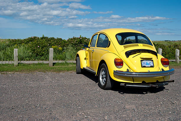 Bright Yellow Volkswagen Beetle in Parking Lot stock photo