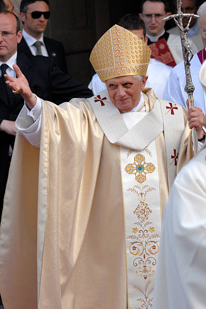 Pope Joseph Benedict XVI "Vigevano, Italy - 21 April, 2007: Pope Joseph Benedict XVI presides over an open-air mass in Piazza Ducale, The Pontiff is visiting the northern Italian town of Vigevano." XVI stock pictures, royalty-free photos & images