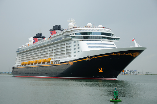 Marseille, France - May 29, 2023: View of the Virgin Voyages cruise ship Valiant Lady calling at the port of Marseille.