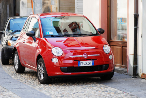 Istanbul, Turkey - April 13 2023 : Fiat New 500 also known 500e is a battery-electric car by Italian manufacturer Fiat. Rear view
