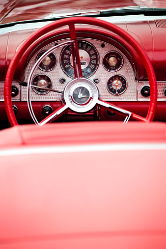 Dartmouth, Nova Scotia, Canada: July 28, 2011: Interior photograph of an early model Ford Thunderbird.  The Thunderbird was a vehicle produced by Ford Motor Company beginning in 1955 and existing through 11 different model generations (as of 2011).