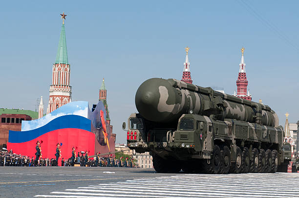 Mobile nuclear intercontinental ballistic missile &#171;Topol-M&#187; on Red Square stock photo