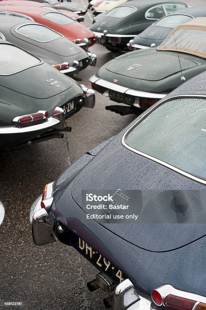 Jaguar E-type "Zandvoort, The Netherlands - June 5, 2011: Jaguar E-types parked on a motoring event to celibrate the 50th anniversary of one of the best known cars the world over - the Jaguar E-type." British Culture Stock Photo