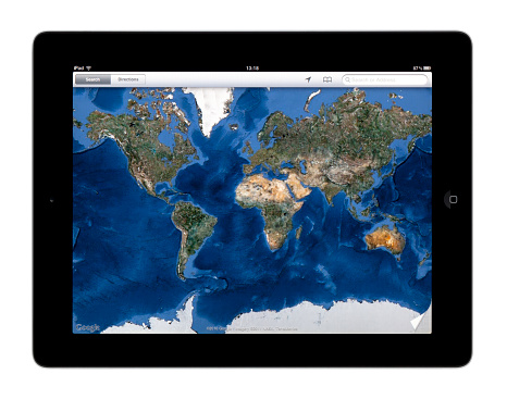 Seoul, Korea - May 6, 2011: Google Maps of an Apple ipad 2. It is isolated on white background.