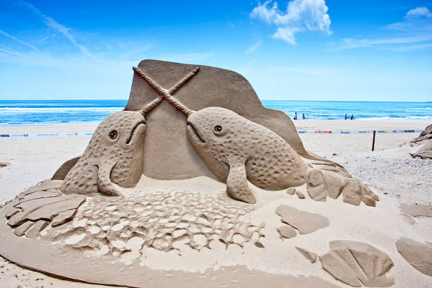 whale sand sculpture "New Taipei City,Taiwan-May 31 ,2011:a whale sand sculpture in New Taipei City at Fulong beach for celebrating the Sand Sculpture Festival,2011 in Taiwan" sandcastle structure stock pictures, royalty-free photos & images