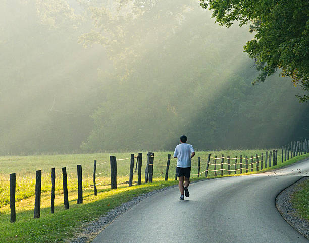 jogger sur une route de campagne, dans le smoky mountains - distance running jogging running fog photos et images de collection