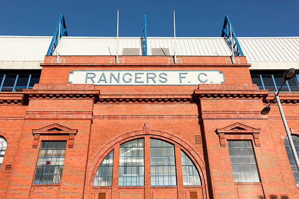 Ibrox Stadium, Glasgow Glasgow, UK - January 12, 2012: The Rangers F.C. sign over the Bill Struth Main Stand at Ibrox Stadium, Glasgow, the home ground of Rangers Football Club. The main stand was built in 1928 with an impressive red brick facade. ibrox stock pictures, royalty-free photos & images