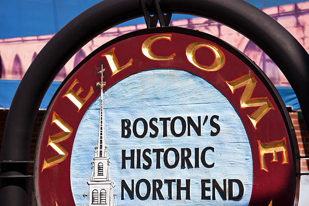 Boston's Historic North End sign "Boston, Massachusetts, USA - May 19, 2012: Boston's Historic North End sign seen in the center of the city late May afternoon. The North End is a part of Boston - city's oldest residential community, settled in the 1630s. Boston is the largest city in Massachusetts, USA" north end boston photos stock pictures, royalty-free photos & images