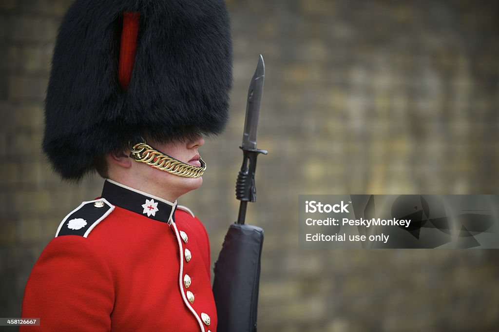 Gros plan de la Garde royale anglaise avec Baïonnette de Londres - Photo de Bonnet à poils libre de droits