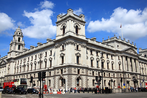London, UK - May 21, 2011 : HM Treasury  at 1 Horse Guards Road,  Whitehall which is responsible for the British Governments public finance and economic policy