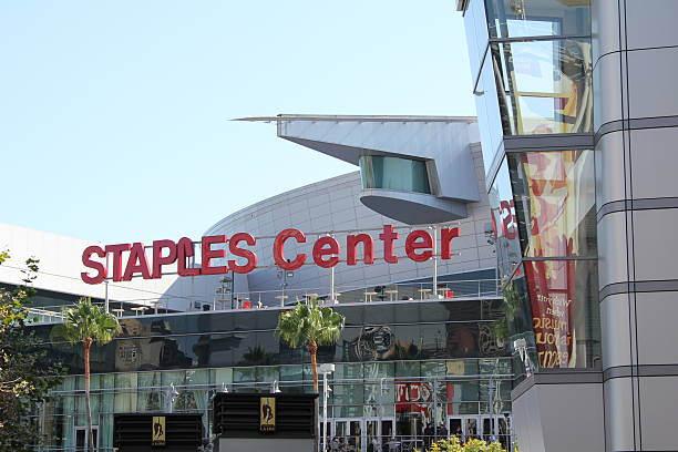 Staples Center "Los Angeles, CA, USA - August 20, 2012: Staples Center exterior in downtown Los Angeles. Staples Center contains stadium seating for 14,000 people and houses world class sports teams such as the Los Angeles Lakers and Los Angeles Clippers." los angeles kings stock pictures, royalty-free photos & images