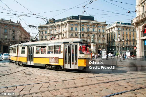 Tram Passes Through Piazza Cordusio In Milan Stock Photo - Download Image Now - Building Exterior, Built Structure, Cable Car