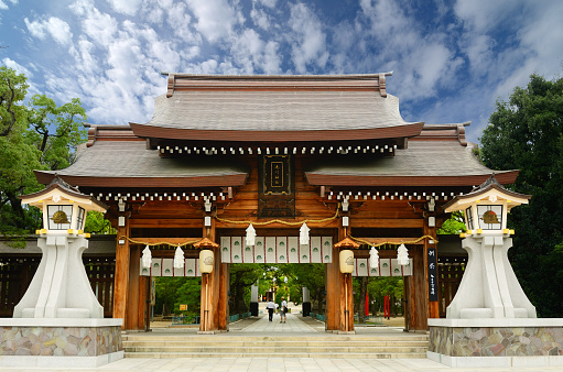 Kobe, Japan - July 13, 2011: The Minatogawa Shrine in Kobe, Japan dates from the 14th century and is dedicated to Masashige Kusunoki, a famous 14th century military commander.