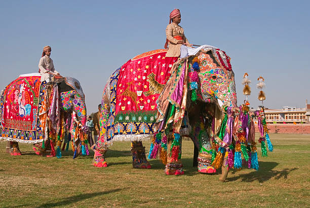 Jaipur Elephant Festival Jaipur, Rajasthan, India - March 21, 2008: Mahouts riding decorated elephants at the annual elephant festival. The festival is held on the day before the Hindu festival of Holi in Jaipur, Rajasthan, India. There is a long standing tradition in India of domesticating wild elephants and using them for processions. These elephants are normally used to take tourists to Amber Fort on the outskirts of Jaipur, but once a year they are decorated for the elephant festival. elephant handler stock pictures, royalty-free photos & images