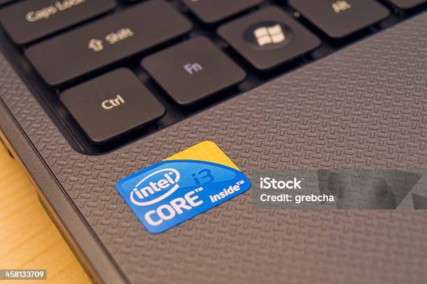 Intel Advertising Sticker On New Laptop Stock Photo - Download Image Now - Intel, Computer Chip, Indoors