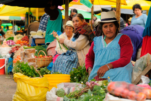 Gualaceo, Ecuador - August 22, 2012: Ecuadorian ethnic women in national clothes selling agricultural products and other food items on a market in the Gualaceo village