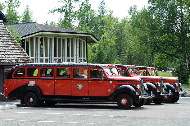 ônibus estacionado jammer - us glacier national park montana bus park - fotografias e filmes do acervo