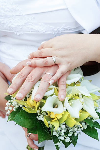 istock Bride and groom's hands with wedding rings 458140557