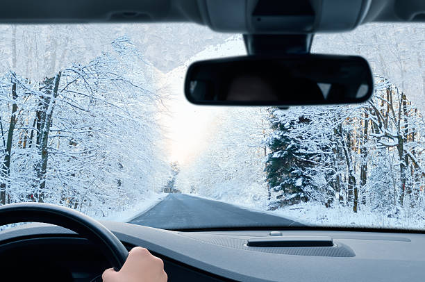 istock A photograph from inside a car driving down a snowy road 458150755