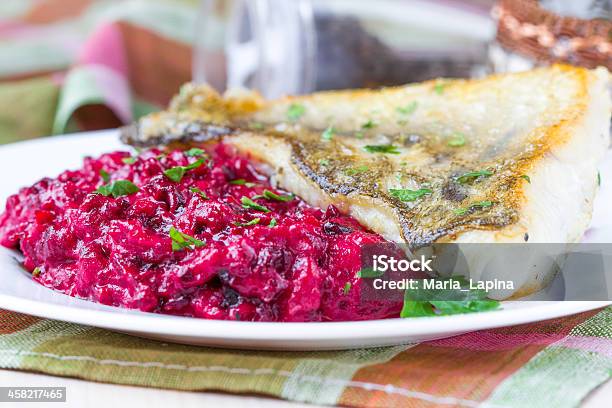 Fried Fish Fillet Of Perch With Mashed Beet And Potato Stock Photo - Download Image Now