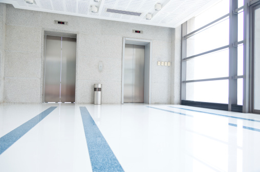 Modern interior of elevator lobby.