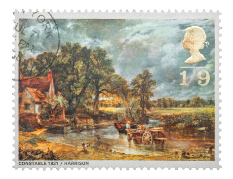 Yateley, Hampshire, UK - 28 September, 2012: Mail stamp printed in the UK featuring the famous 19th century masterpiece painting, The Hay Wain, by John Constable, circa 1968